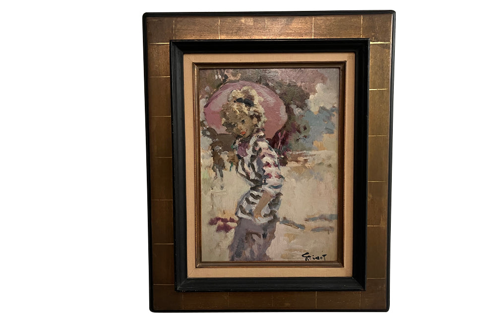 20th Century French oil on board painting, 'L'Averse' (The Downpour) in a gilt frame by Pierre Grisot