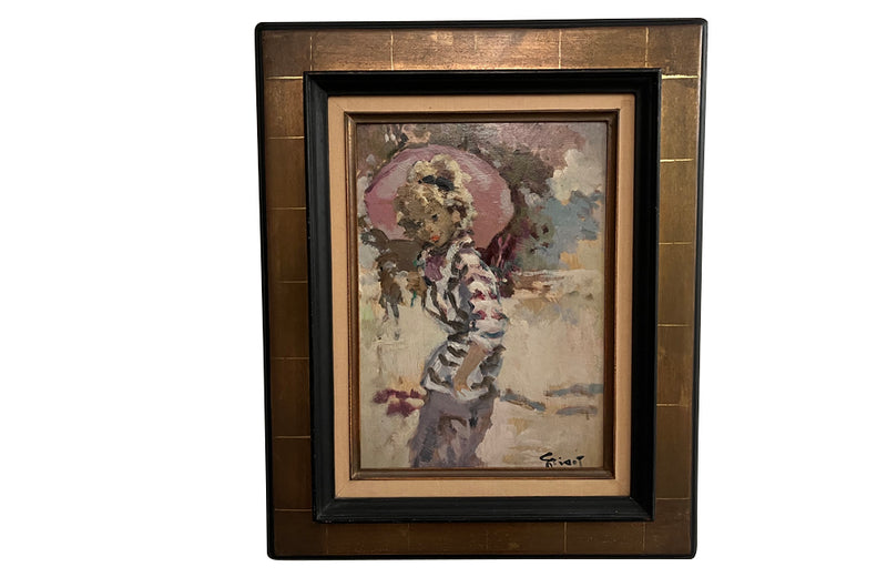 20th Century French oil on board painting, 'L'Averse' (The Downpour) in a gilt frame by Pierre Grisot