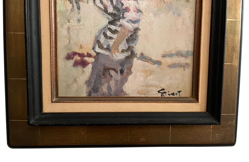 20th Century French oil on board painting, 'L'Averse' (The Downpour) in a gilt frame by Pierre Grisot