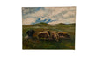 Charming small 20th Century French oil on canvas painting depicting a farming couple, sitting under a large shepherds parasol with their small herd of cattle