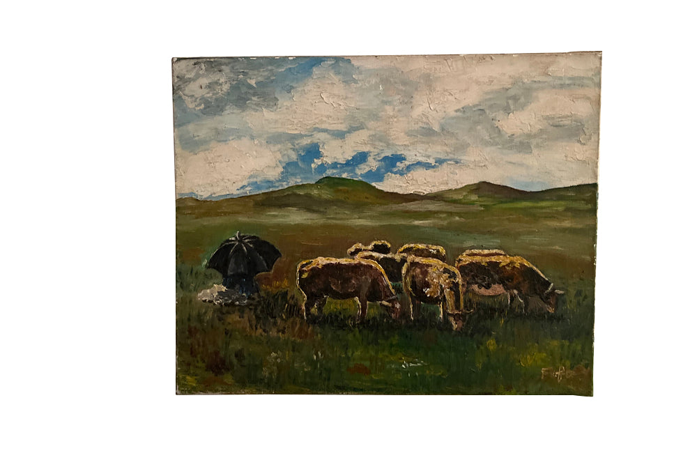 Charming small 20th Century French oil on canvas painting depicting a farming couple, sitting under a large shepherds parasol with their small herd of cattle