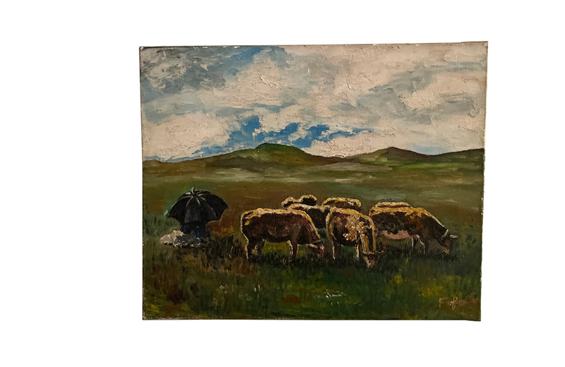 Charming small 20th Century French oil on canvas painting depicting a farming couple, sitting under a large shepherds parasol with their small herd of cattle
