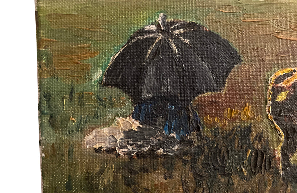 Charming small 20th Century French oil on canvas painting depicting a farming couple, sitting under a large shepherds parasol with their small herd of cattle