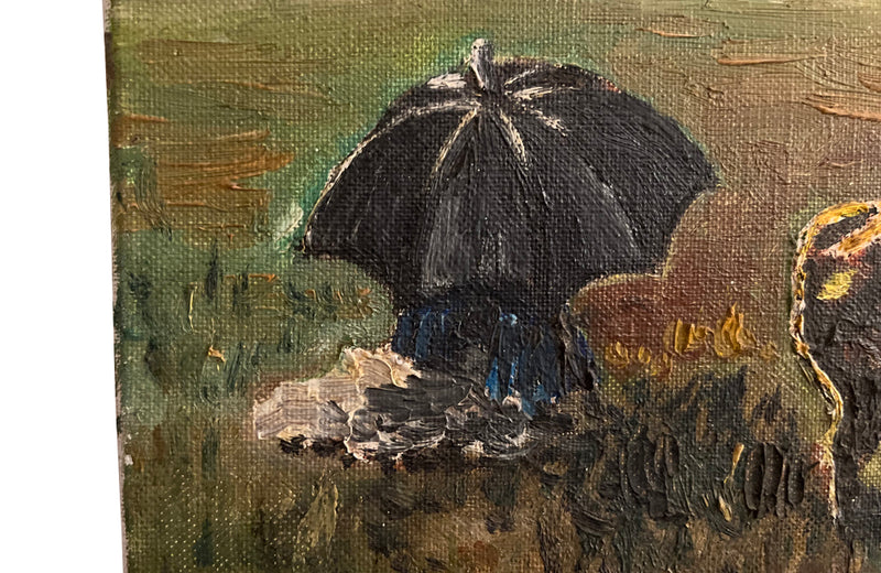 Charming small 20th Century French oil on canvas painting depicting a farming couple, sitting under a large shepherds parasol with their small herd of cattle