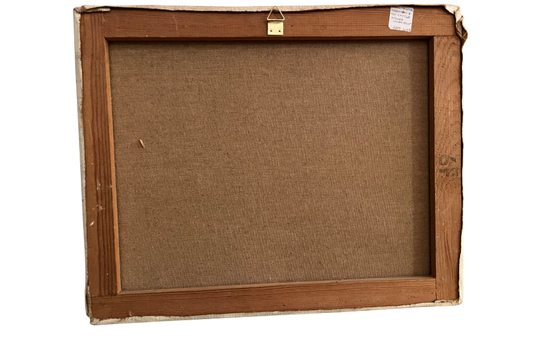 Charming small 20th Century French oil on canvas painting depicting a farming couple, sitting under a large shepherds parasol with their small herd of cattle