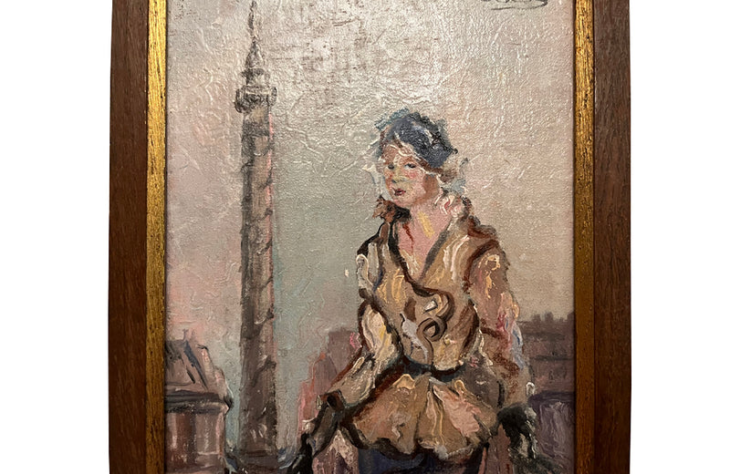 Small framed painting of a fashionable lady in Place Vendome, in Paris
Signed by the artist to the upper right and dated 1953