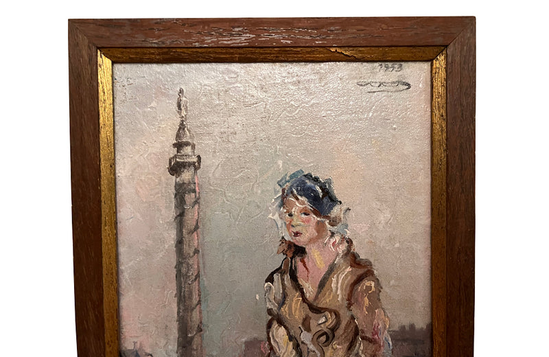 Small framed painting of a fashionable lady in Place Vendome, in Paris
Signed by the artist to the upper right and dated 1953