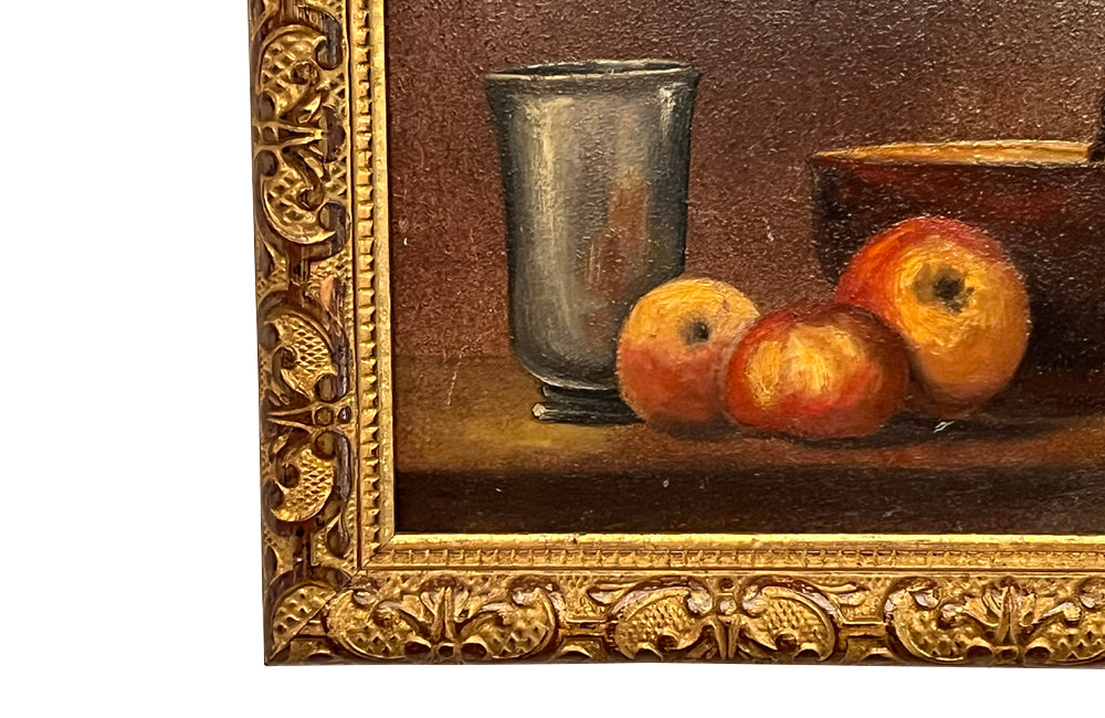 20th century framed French oil on board still life painting - French Antiques