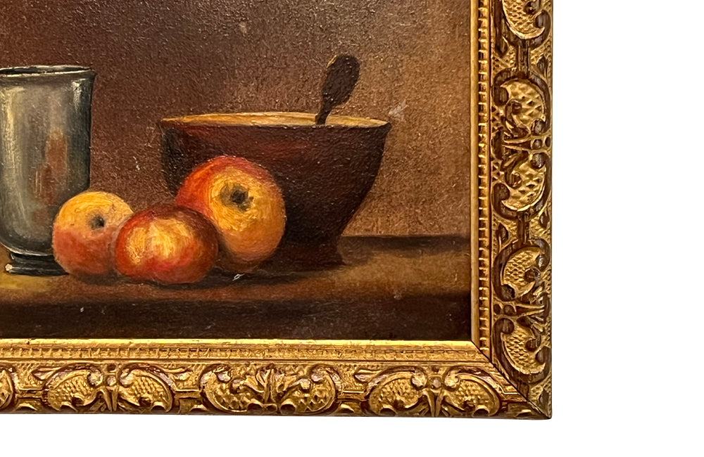 20th century framed French oil on board still life painting - French Antiques