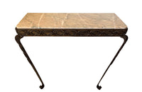 Mid 20th Century Spanish brutalist gilt iron console with pink Pyrenean marble with green veining.