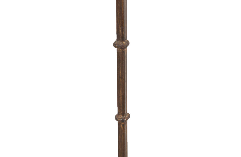 Mid 20th century Spanish gilt iron floor lamp with ring stem terminating on curved tripod base with arrow point feet.