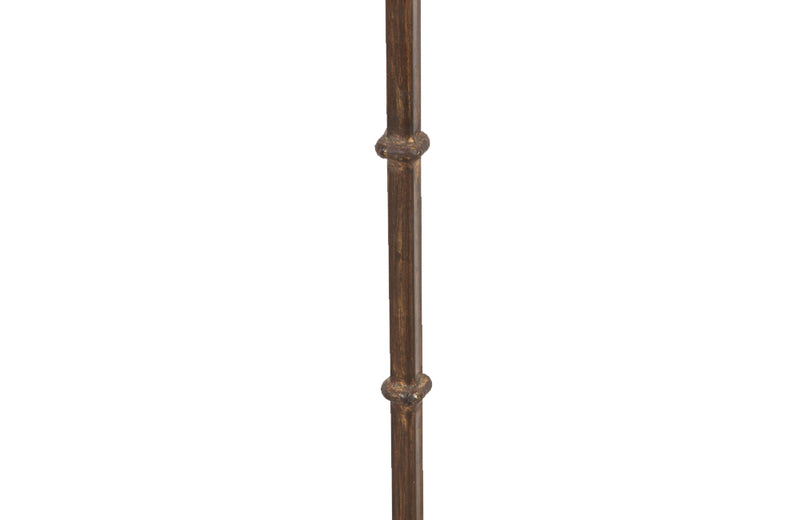 Mid 20th century Spanish gilt iron floor lamp with ring stem terminating on curved tripod base with arrow point feet.