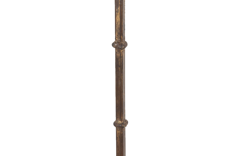 Mid 20th century Spanish gilt iron floor lamp with ring stem terminating on curved tripod base with arrow point feet.