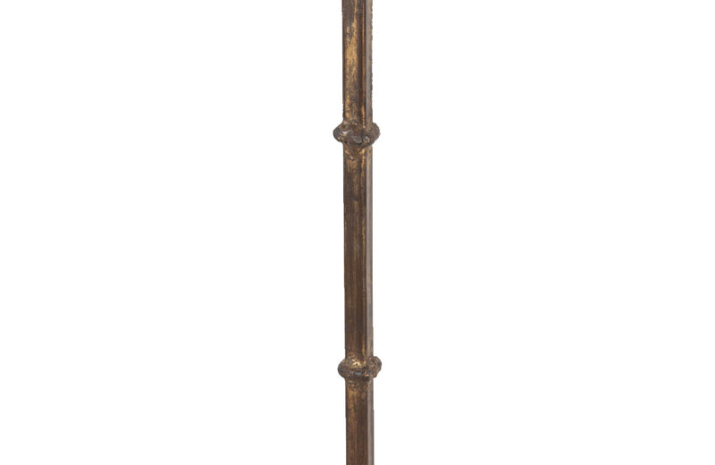 Mid 20th century Spanish gilt iron floor lamp with ring stem terminating on curved tripod base with arrow point feet.