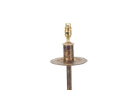 Mid 20th century Spanish gilt iron floor lamp with ring stem terminating on curved tripod base with arrow point feet.