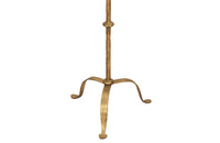 Mid century floor lamp gilt iron with ringed decorative stem on a tripod. Spanish. Mid century lighting