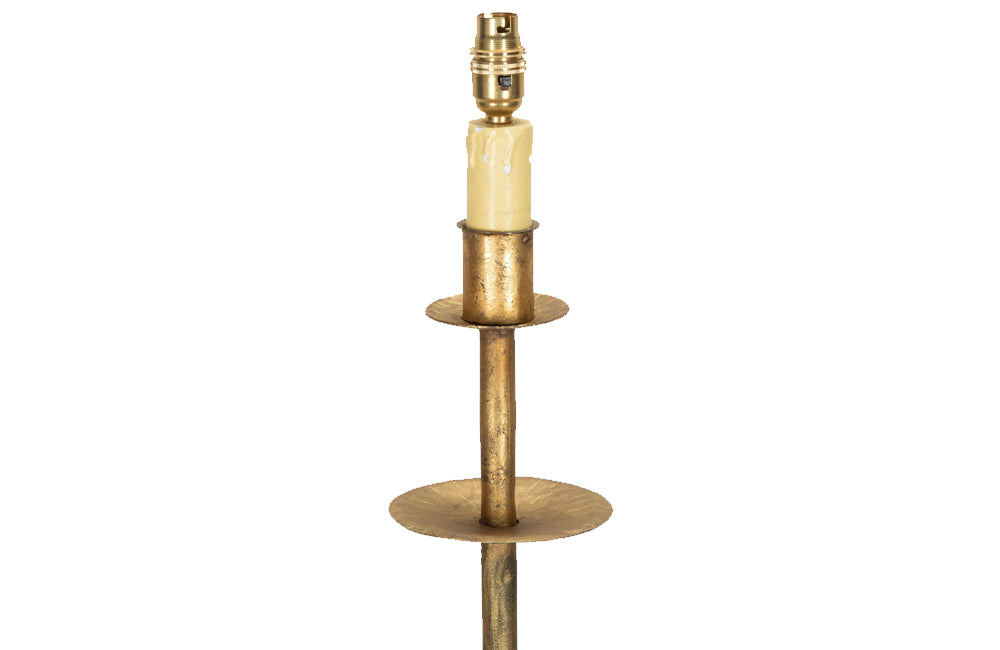 Mid century floor lamp gilt iron with ringed decorative stem on a tripod. Spanish. Mid century lighting
