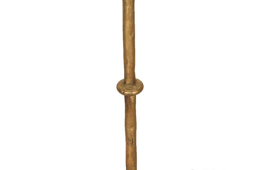 Mid century floor lamp gilt iron with ringed decorative stem on a tripod. Spanish. Mid century lighting