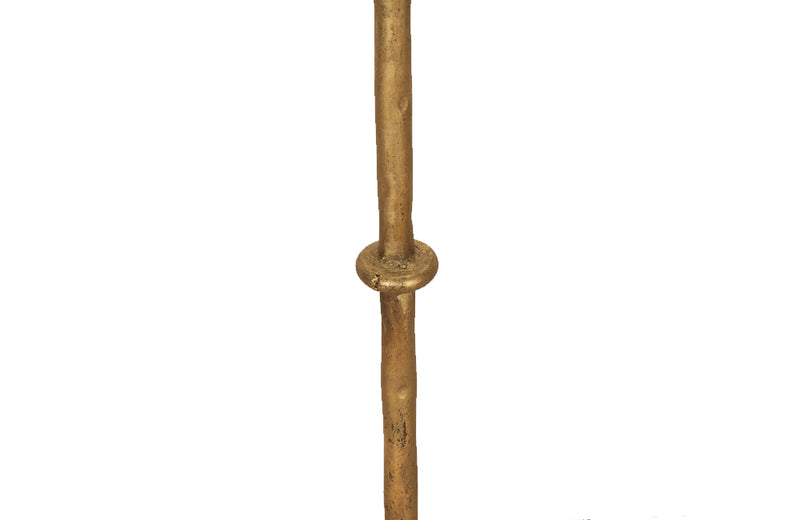 Mid century floor lamp gilt iron with ringed decorative stem on a tripod. Spanish. Mid century lighting