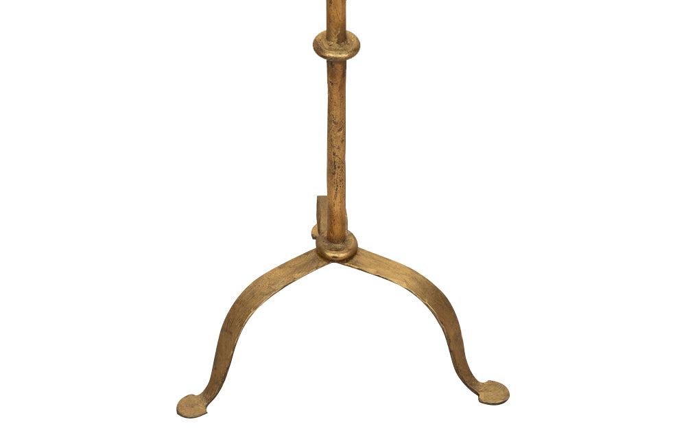 Mid century floor lamp gilt iron with ringed decorative stem on a tripod. Spanish. Mid century lighting
