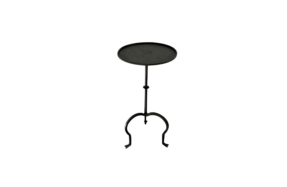 Chic little Mid-Century Spanish iron cocktail or martini table with raised rim to top.