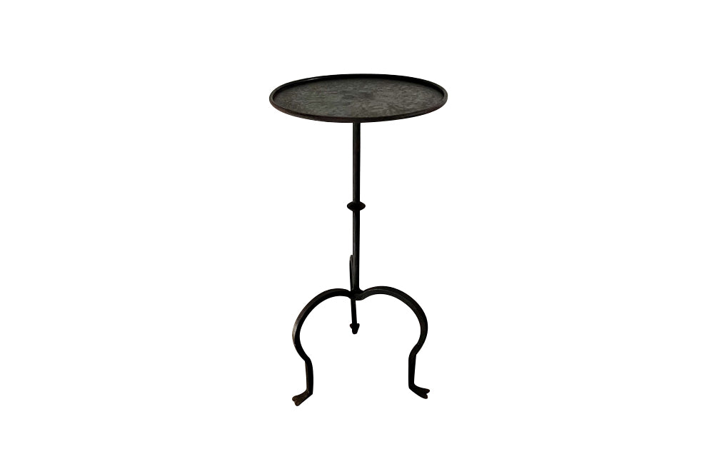 Chic little Mid-Century Spanish iron cocktail or martini table with raised rim to top.