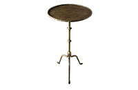 Chic little Mid-Century Spanish iron cocktail or martini table with rope rim to top.