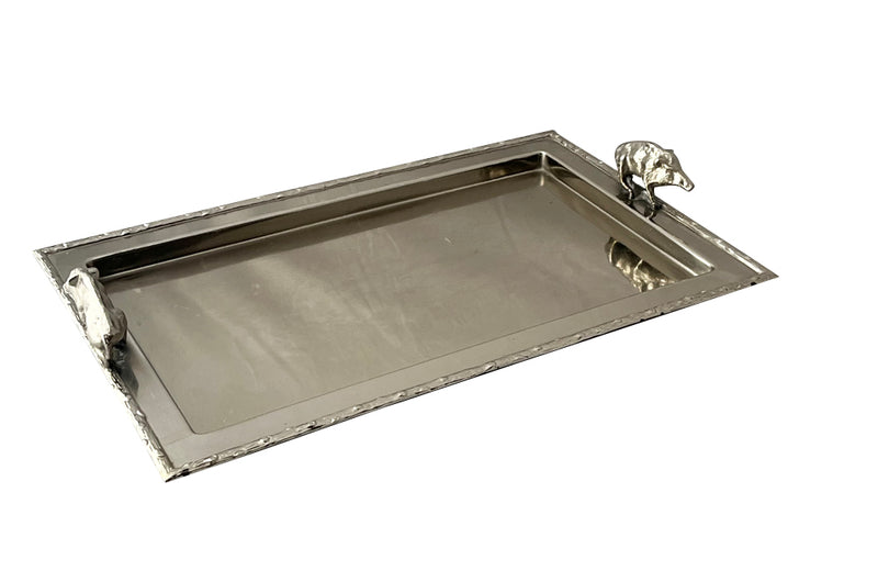 Mid Century silver plated serving tray. With faux wood surround and boar handles. in the manner of Valenti. 1950s