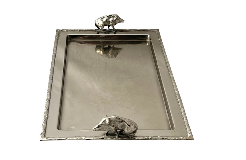 Mid Century silver plated serving tray. With faux wood surround and boar handles. in the manner of Valenti. 1950s