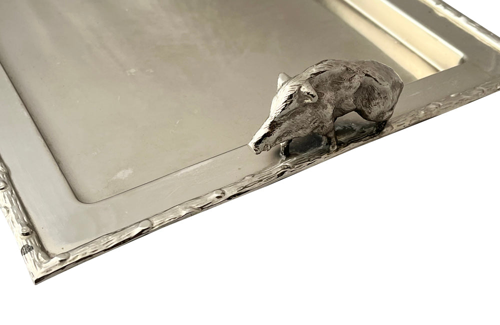 Mid Century silver plated serving tray. With faux wood surround and boar handles. in the manner of Valenti. 1950s