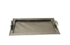 Mid Century silver plated serving tray. With faux wood surround and boar handles. in the manner of Valenti. 1950s
