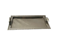 Mid Century silver plated serving tray. With faux wood surround and boar handles. in the manner of Valenti. 1950s