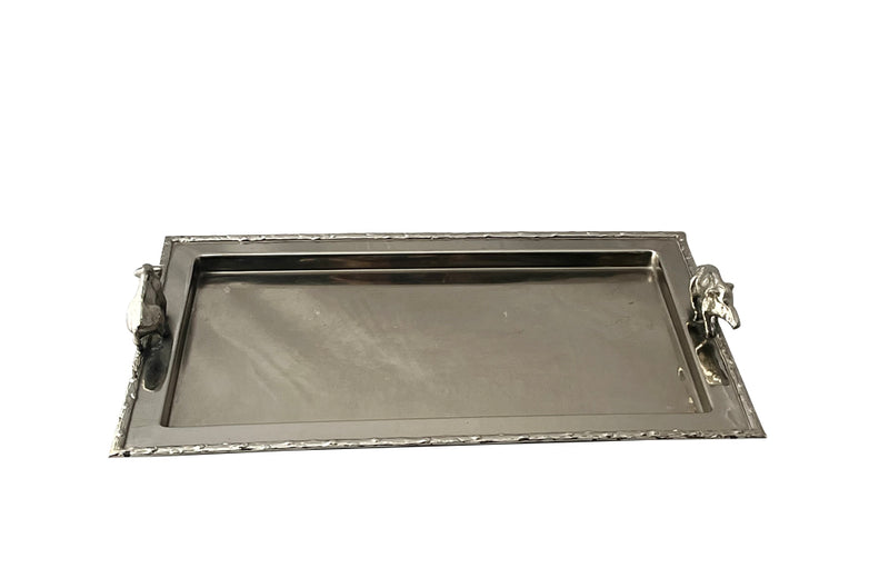 Mid Century silver plated serving tray. With faux wood surround and boar handles. in the manner of Valenti. 1950s