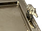 Mid Century silver plated serving tray. With faux wood surround and boar handles. in the manner of Valenti. 1950s