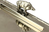 Mid Century silver plated serving tray. With faux wood surround and boar handles. in the manner of Valenti. 1950s