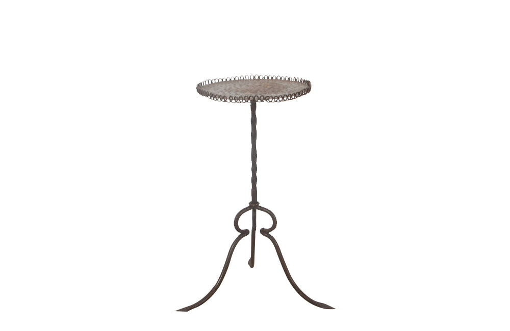 Spanish, iron cocktail table with decorative hammered and coiled rim top