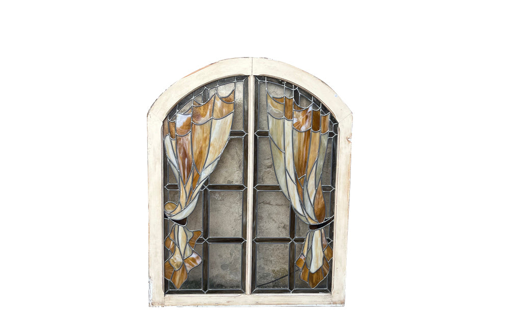 20th century stained glass panel doors. Art Nouveau revival. French antiques.