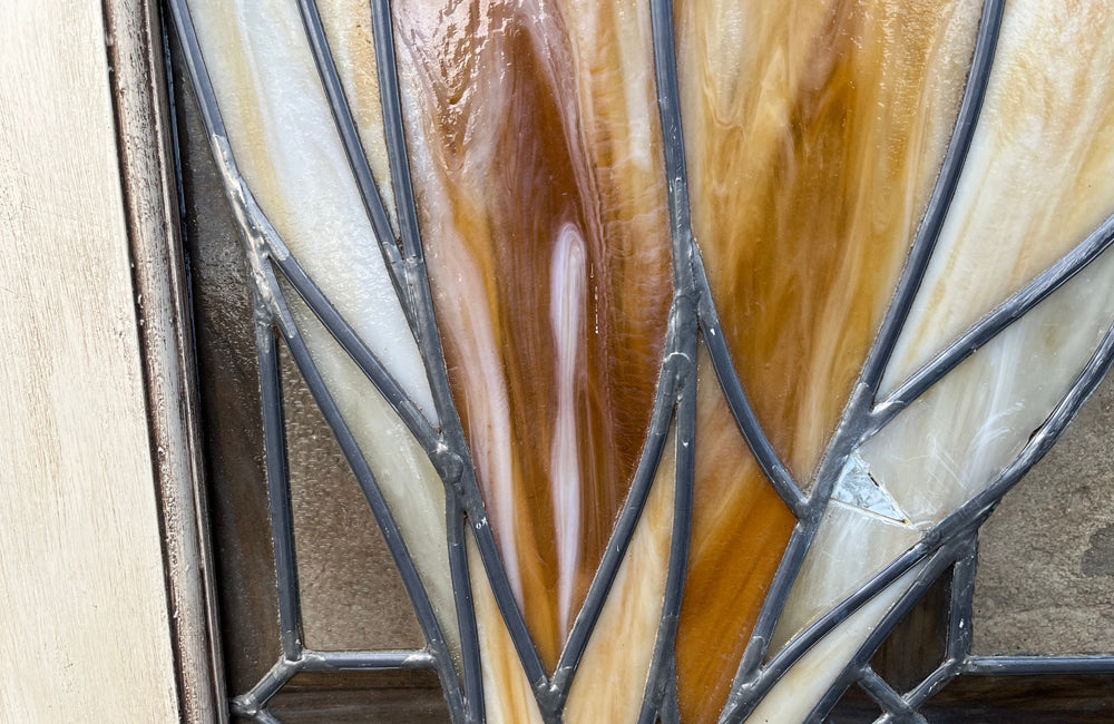 20th century stained glass panel doors. Art Nouveau revival. French antiques.