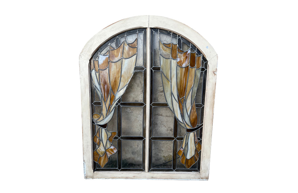20th century stained glass panel doors. Art Nouveau revival. French antiques.
