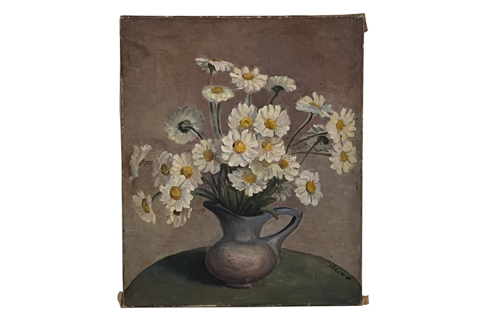 French signed still life painting of daisies in a jug on a round table