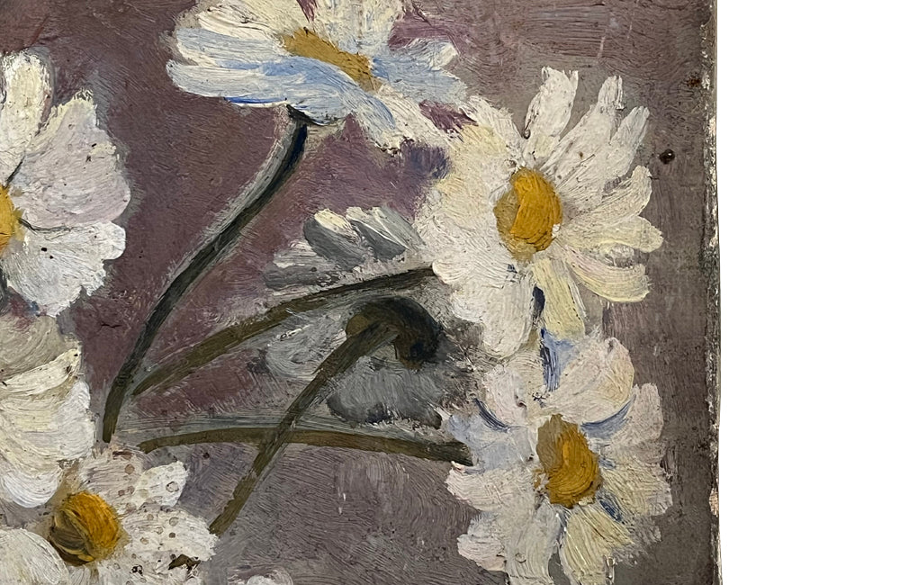 French signed still life painting of daisies in a jug on a round table