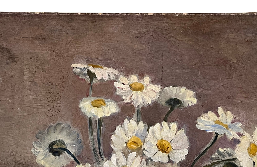 French signed still life painting of daisies in a jug on a round table