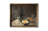 Lovely, French still life painting of fried eggs in a pan, a carafe of water, bottle of wine, glass, loaf of bread, ceramic cup and cloth napkin. 