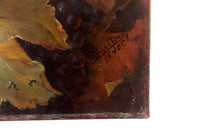 Large French still life painting of grapes and a champagne filled glass coupe.