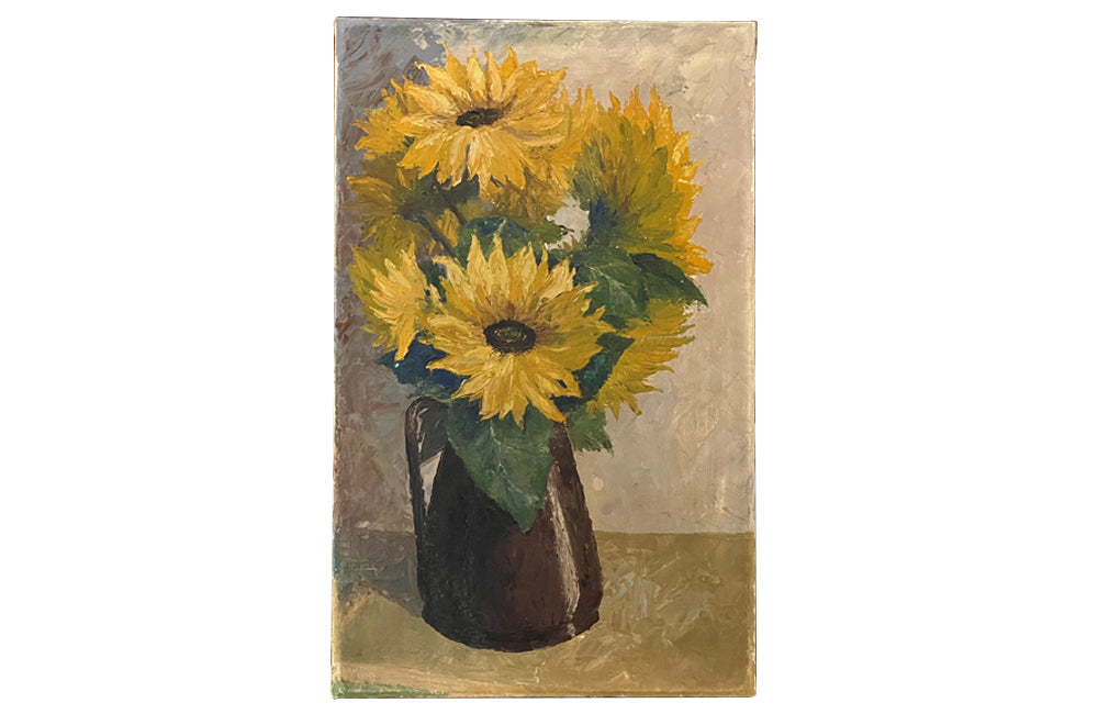 Unframed oil on canvas still-life painting of sunflowers in a pottery jug. Incised signature and date, Peche 83