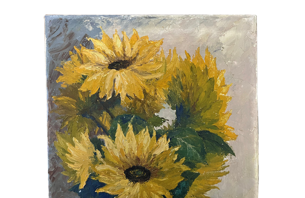 Unframed oil on canvas still-life painting of sunflowers in a pottery jug. Incised signature and date, Peche 83 - French Antiques