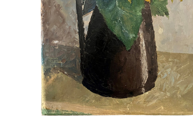 Unframed oil on canvas still-life painting of sunflowers in a pottery jug. Incised signature and date, Peche 83 - French Antiques