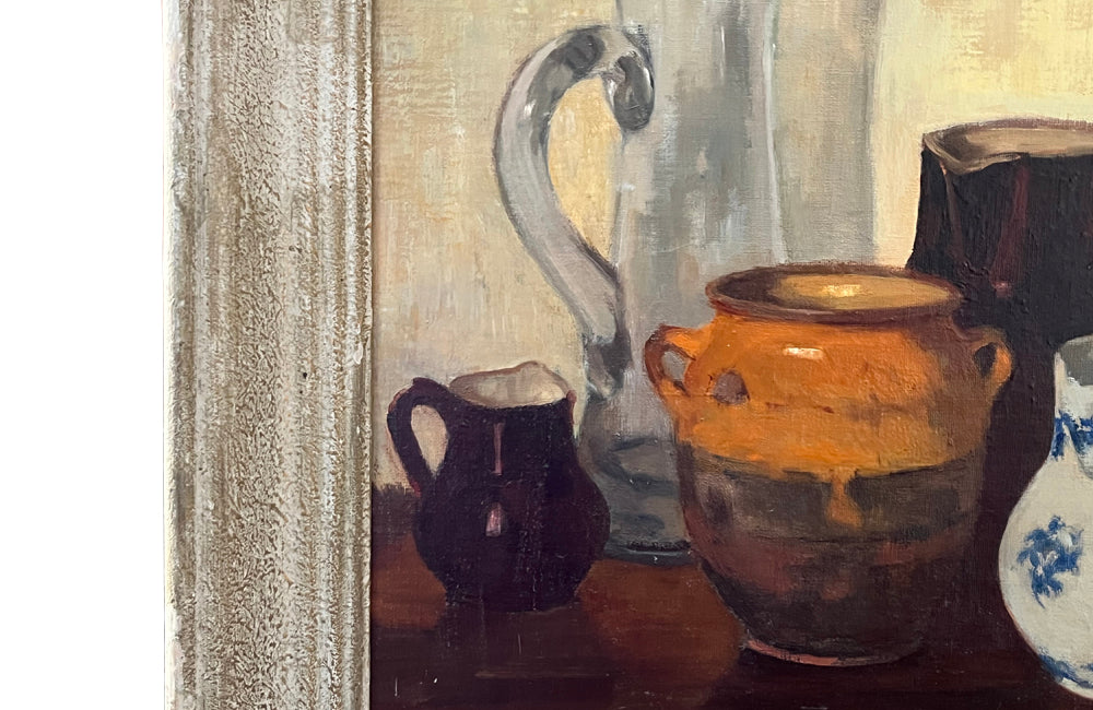 20th century still life painting of pottery and a glass cider jug.