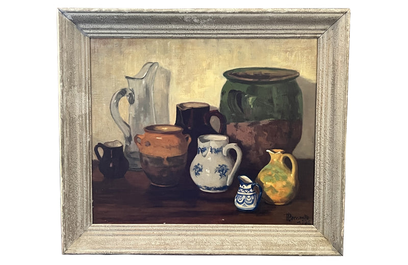 20th century still life painting of pottery and a glass cider jug.
