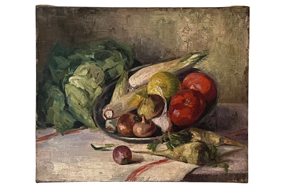 Beautiful early 20th century, oil on canvas painting of vegetables.